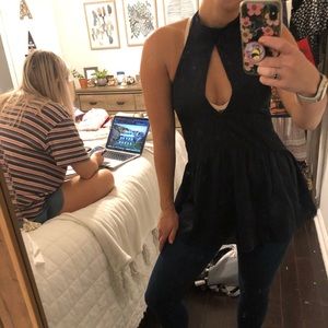 Halter Navy Silk Blouse Top. Size Small